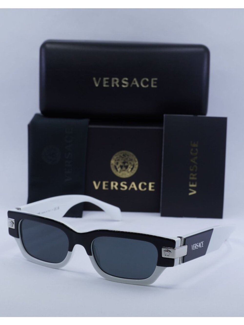 Versace VE4465 545987 Rectangle Sunglasses - Black & White / Grey